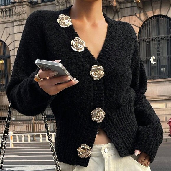 Black Casual Women's V-Neck Rose Button-Up knit sweater Cardigan - Picture 4 of 7